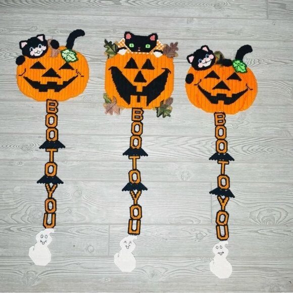 vintage Handmade 3' Halloween decor pumpkin black cat wall hanging door
